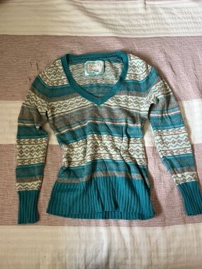 Vintage Old Navy Women's S V-Neck Knit Pullover Sweater Teal Gray Cream